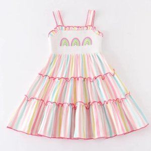 Boutique Rainbow Girls Smocked Embroidered Tiered Dress